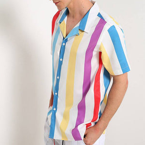 Shirt Men Short Sleeve Striped Top Button-down Shirt Men Blouse Comfort Summer Hawaii