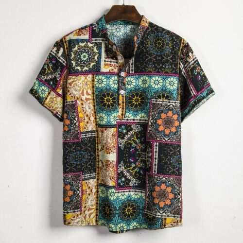 National Style Men Linen Floral Print Shirt Summer Hawaii Holiday
