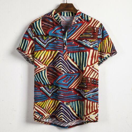 National Style Men Linen Floral Print Shirt Summer Hawaii Holiday