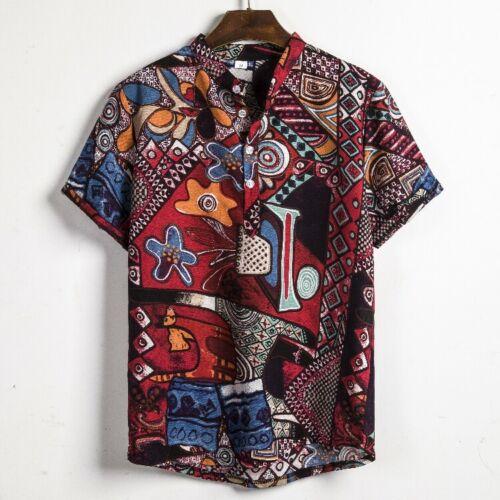 National Style Men Linen Floral Print Shirt Summer Hawaii Holiday