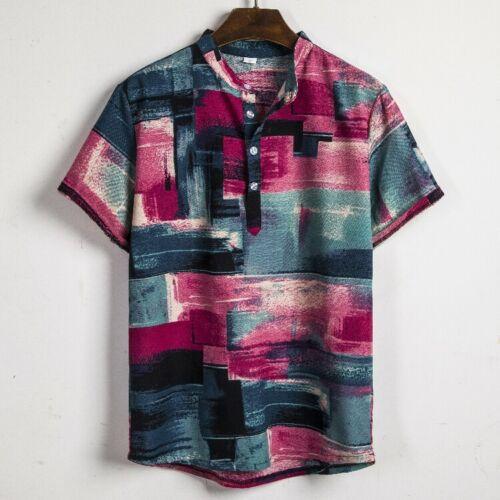 National Style Men Linen Floral Print Shirt Summer Hawaii Holiday