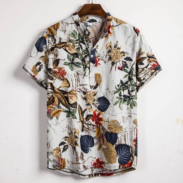 Summer Man Shirt Mens Ethnic Loose Hawaiian Henley Shirt